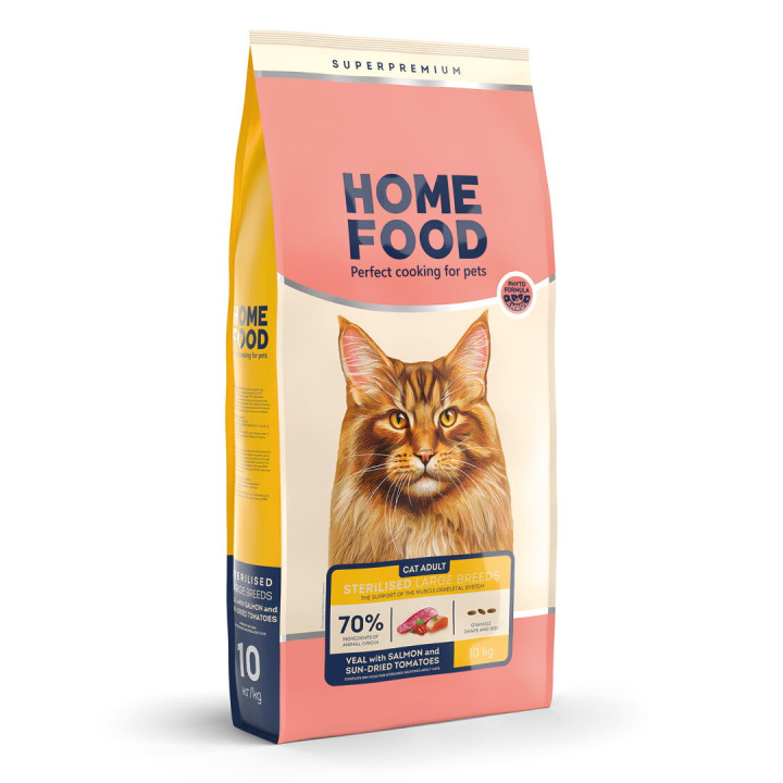 Сухой корм HOME FOOD для поддержки опорно-двигательного аппарата стерилизованных/кастрированных взрослых кошек крупных пород Телятина с лососем и вялеными томатами For the support of the musculoskeletal system. For large breeds, 10 кг