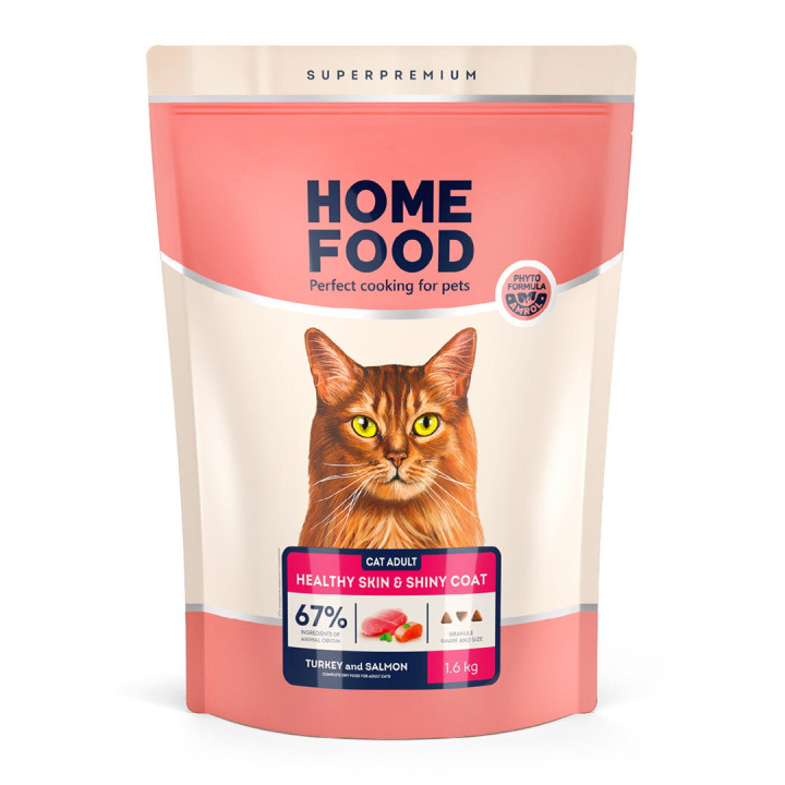 Сухой корм HOME FOOD здоровая кожа и блеск шерсти для взрослых кошек Индейка и лосось Healthy skin and shiny coat, 1.6 кг