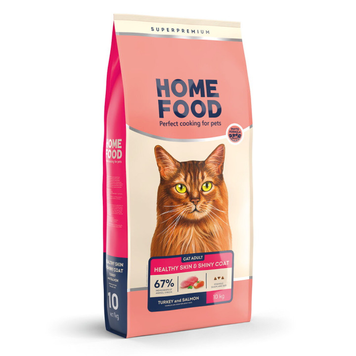 Сухой корм HOME FOOD здоровая кожа и блеск шерсти для взрослых кошек Индейка и лосось Healthy skin and shiny coat, 10 кг