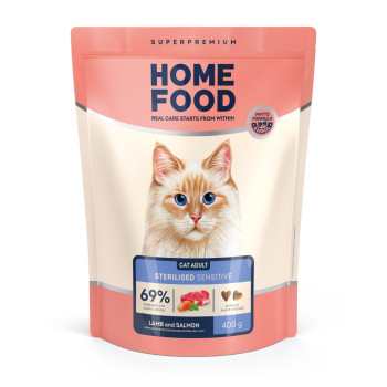 Сухой корм HOME FOOD для стерилизованных/кастрированных взрослых кошек с чувствительным пищеварением Ягненок и лосось With sensitive digestion. For sterilised/neutered, 400 г