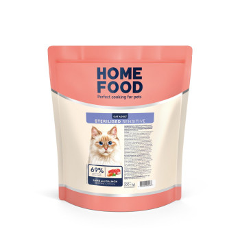 Сухой корм HOME FOOD для стерилизованных/кастрированных взрослых кошек с чувствительным пищеварением Ягненок и лосось With sensitive digestion. For sterilised/neutered, 200 г