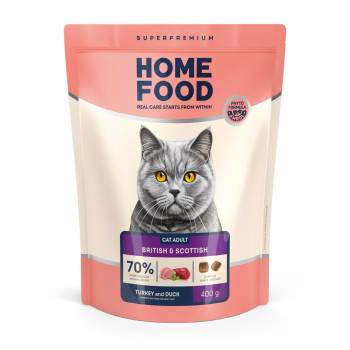 Сухой корм HOME FOOD для взрослых кошек британских и шотландских пород Индейка и утка For British and Scottish breeds. Suitable for large breeds, 400 г