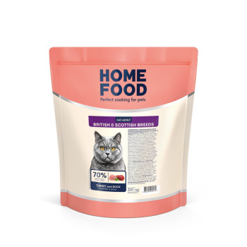 Сухой корм HOME FOOD для взрослых кошек британских и шотландских пород Индейка и утка For British and Scottish breeds. Suitable for large breeds, 200 г