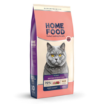 Сухой корм HOME FOOD для взрослых кошек британских и шотландских пород Индейка и утка For British and Scottish breeds. Suitable for large breeds, 10 кг