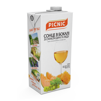 Вино Picnic "Солнце в бокале со вкусом дыни и меда" ароматизированное сладкое белое 1л 9,5-13% (4820275980359) Вино Picnic "Солнце в бокале со вкусом дыни и меда" ароматизированное сладкое белое 1л 9,5-13% (4820275980359)