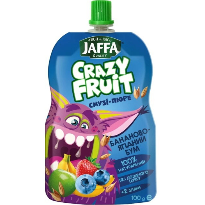 Смузи-пюре Jaffa Crazy Fruit Фруктовый десерт из бананов, яблок, черники и земляники перетертых со злаками 100 г (4820192261982)