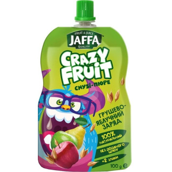 Смузи-пюре Jaffa Crazy Fruit Фруктовый десерт из груш и яблок перетертых со злаками грушево-яблочный заряд 100 г (4820192261999)