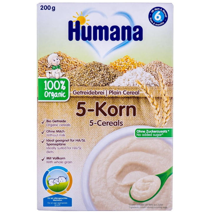 Безмолочная каша цельнозерновая Humana Plain Cereal 5-Cereals 5 злаков 200 г (4031244775627)