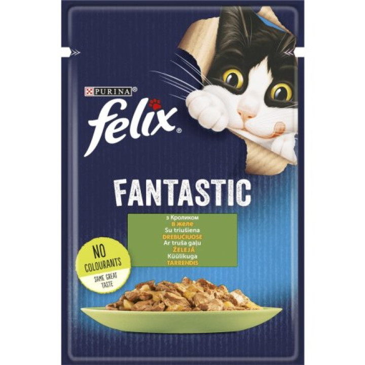 Влажный корм FELIX Fantastic для взрослых котов с кроликом. Кусочки в желе. 85г (7613039835500)