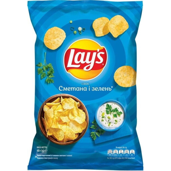 Чіпси картопляні Lay's зі смаком сметани та зелені 60 г (4823063125239)