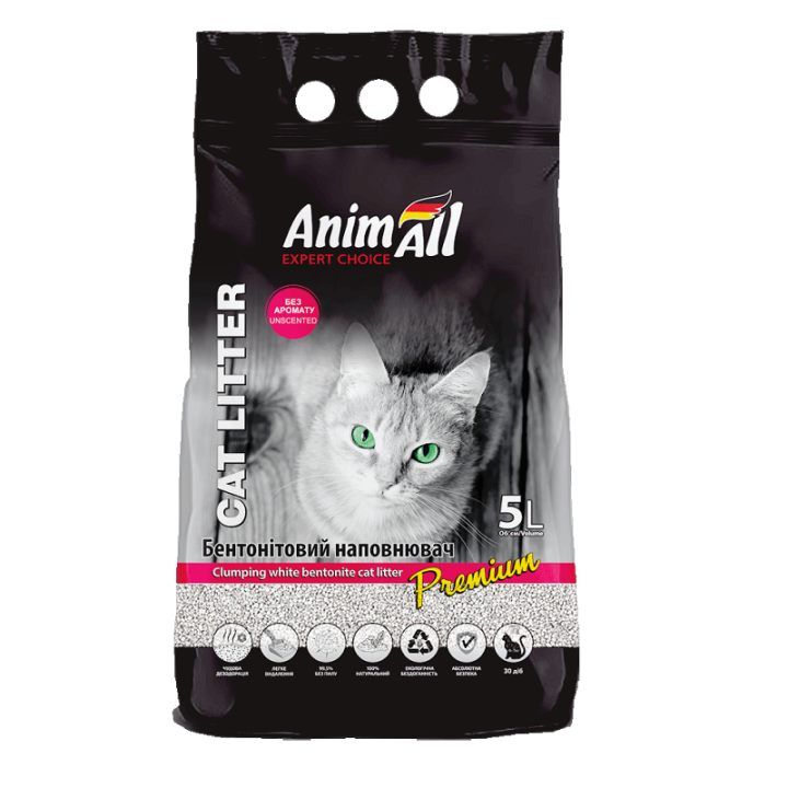 Бентонітовий наповнювач AnimAll Premium Classic без аромату, для котів, 5 л