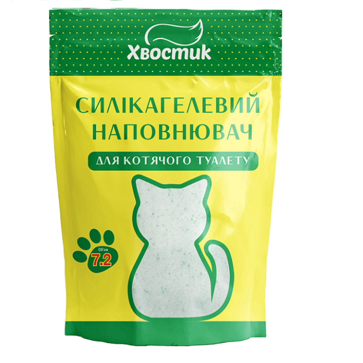 Силікагель наповнювач Хвостик для котів, із зеленими гранулами, дрібна фракція, 7.2 л