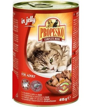 Консервы Propesco кусочки с говядиной и печенью в желе для взрослых котов 415 г