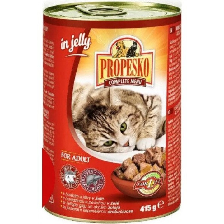 Консерви Propesco шматочки з яловичиною та печінкою в желе для дорослих котів 415 г