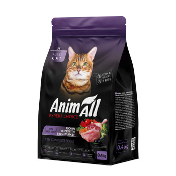 Сухой корм AnimAll для взрослых кошек со свежей индейкой и уткой, 0,4кг