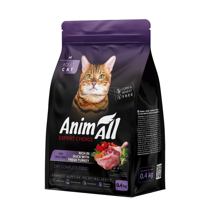 Сухий корм AnimAll для дорослих котів зі свіжою індичкою та качкою, 0,4кг