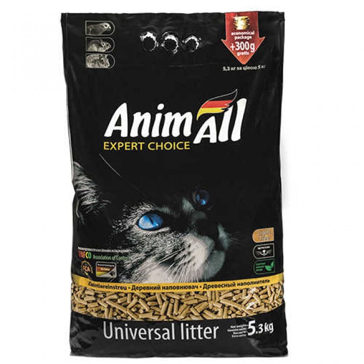 Деревний наповнювач AnimAll без аромату, для котів, 5 кг + 300 г у подарунок