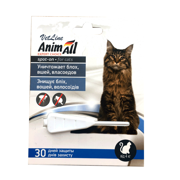Краплі AnimAll VetLine Спот-Он проти бліх, вошей, волосоїдів, для котів від 4 до 10 кг, 1 мл