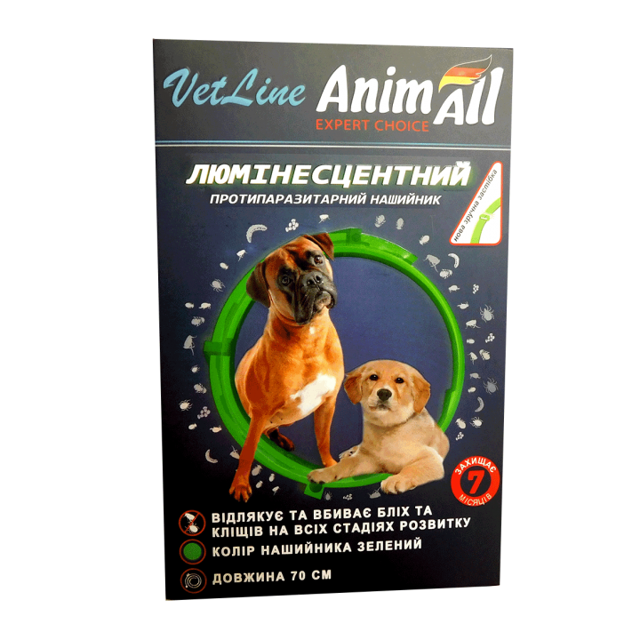 Ошейник противопаразитный AnimAll VetLine для собак, люминесцентный 70 см, зеленый