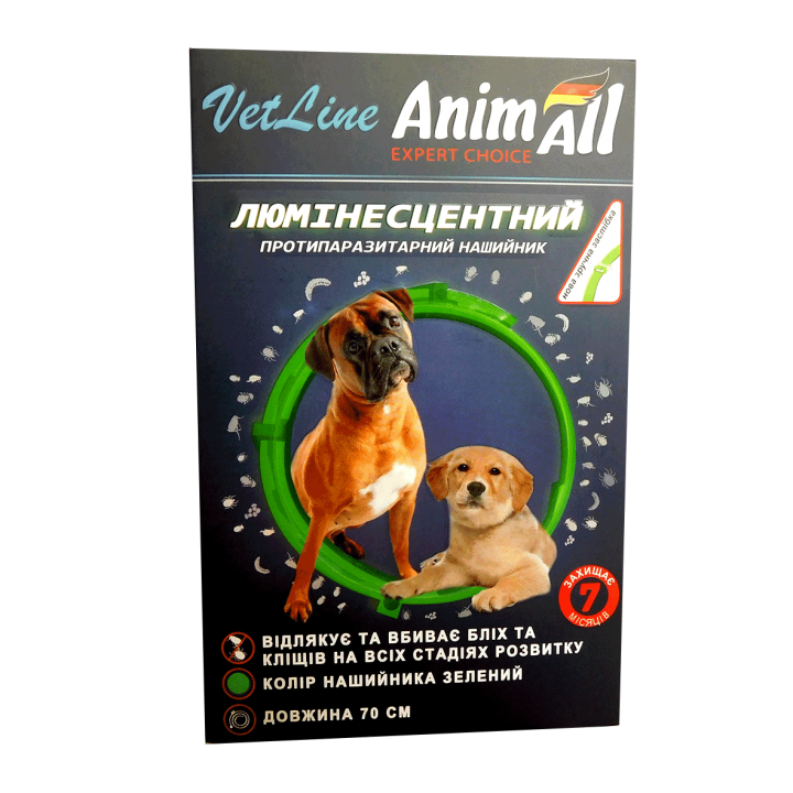 Нашийник протипаразитний AnimAll VetLine для собак, люмінесцентний 70 см, зелений