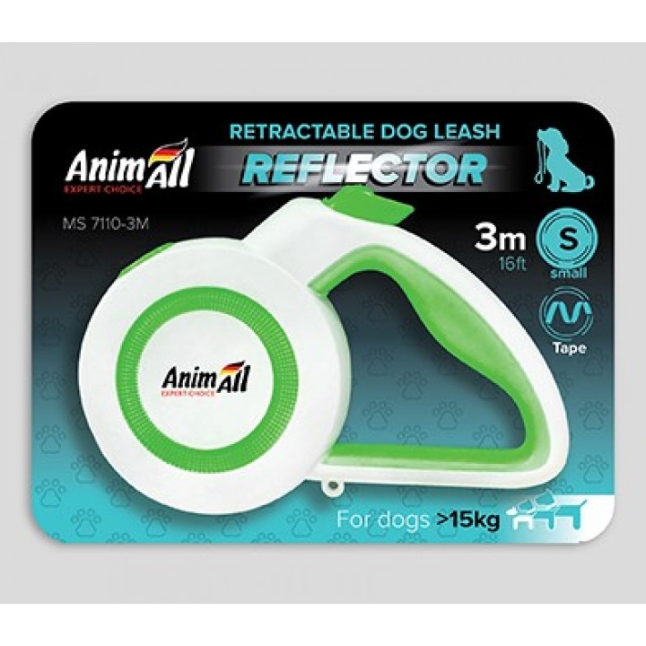 Поводок-рулетка AnimAll Reflector для собак весом до 15 кг, 3 м, салатово-белая