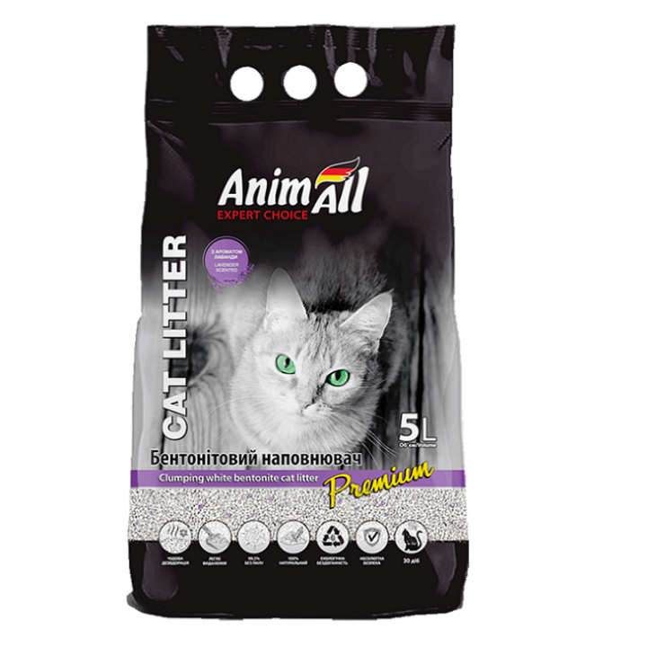 Бентонитовый наполнитель AnimAll Premium Lavender с ароматом лаванды, для кошек, 5 л