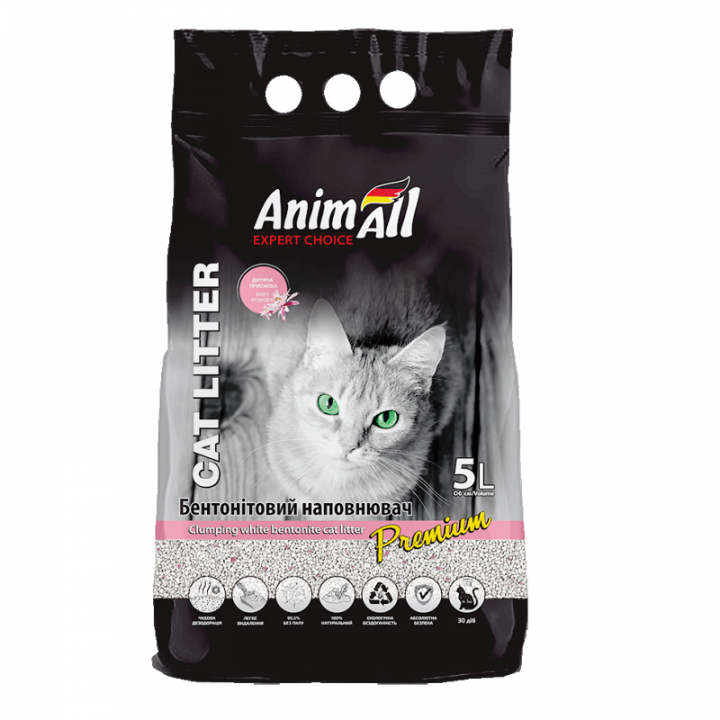 Бентонитовый наполнитель AnimAll Premium Baby Powder с ароматом детской пудры, для кошек, 5 л