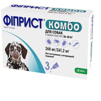 Капли KRKA Фиприст комбо от блох и клещей для собак весом 20-40 кг, 2.68 мл×3 пипетки, 1 пипетка