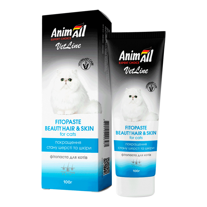 Фітопаста AnimAll VetLine Beauty Hair&Skin для поліпшення якості шерсті у котів, 100 г