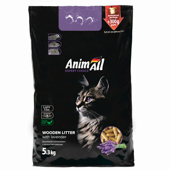 Деревний наповнювач AnimAll з ароматом лаванди для котів, 5 кг + 300 г у подарунок