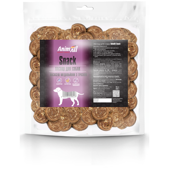 Лакомство AnimAll Snack лососевые медальоны с треской для собак, 500 г