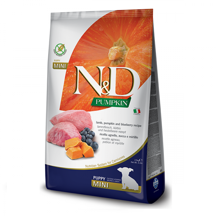 Беззерновий сухий корм Farmina N&D, для цуценят дрібних порід, ягня з гарбузом і чорницею, 2.5 кг