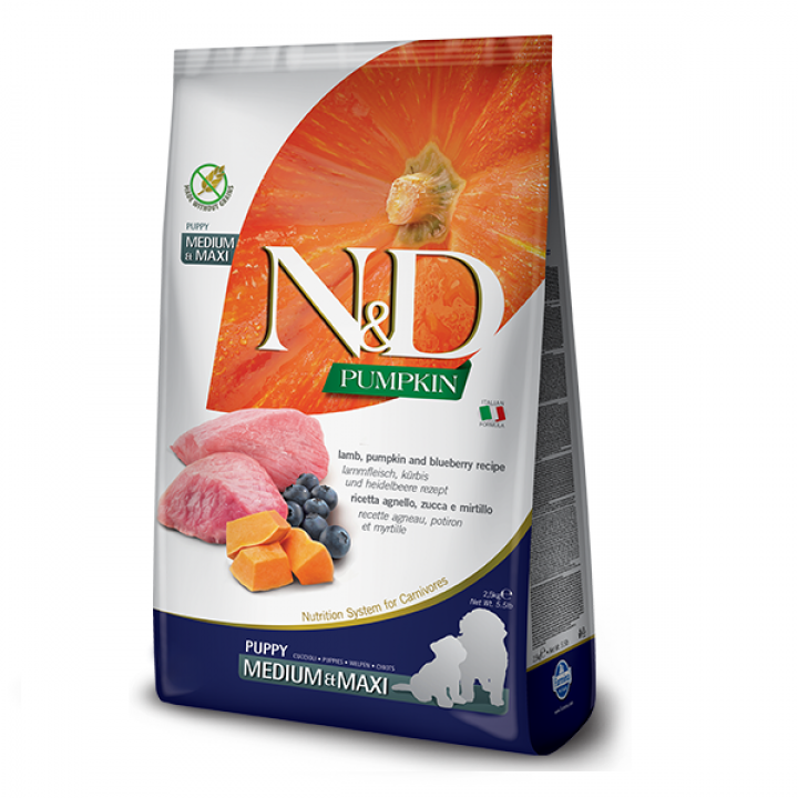 Беззерновий сухий корм Farmina N&D, для цуценят великих і середніх порід, ягня з гарбузом і чорницею, 2.5 кг