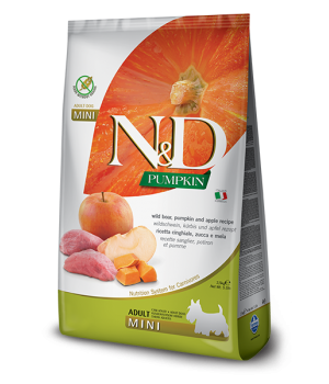 Беззерновой сухой корм Farmina N&D GRAIN FREE для собак мелких пород, с тыквой, диким кабаном и яблоком, 7 кг