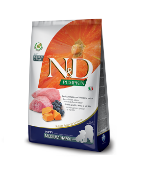 Беззерновой сухой корм Farmina N&D, для щенков крупных и средних пород, ягнёнок с тыквой и черникой, 12 кг