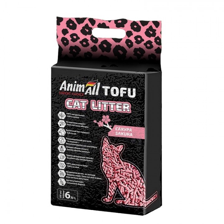 Соевый наполнитель AnimAll Tofu Saсura с ароматом сакуры, для кошек, 6 литров (2,6 кг)