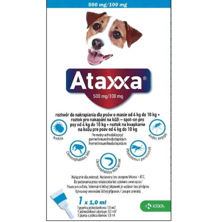 Капли KRKA Ataxxa Спот-Он от блох и клещей для собак весом 4-10 кг, 1 мл, 1 пипетка