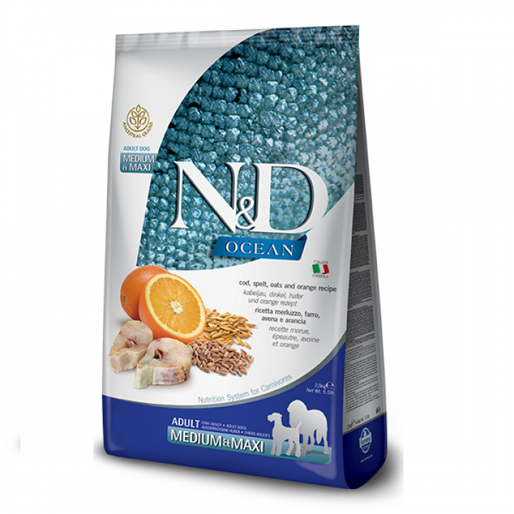 Низкозерновой сухой корм Farmina N&D Ocean Ancestral для собак средних и больших пород с треской и апельсином 12 кг
