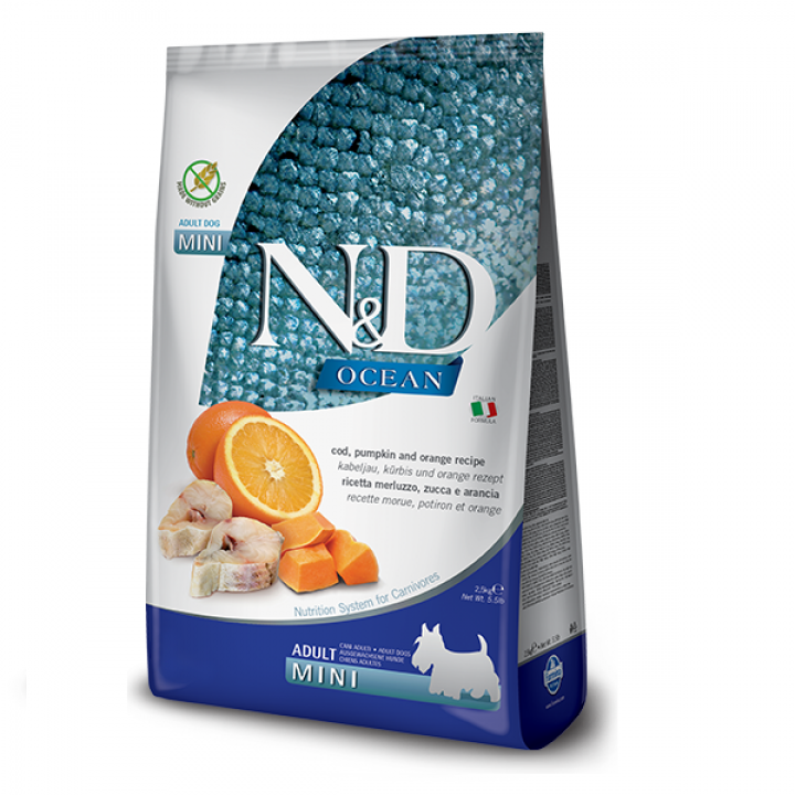Беззерновой сухой корм Farmina N&D Grain Free OCEAN PUMPKIN для собак мелких пород с треской и апельсином 7 кг