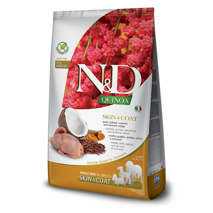 Сухий корм для собак Farmina N&D Quinoa Skin&Coat ADULT MEDIUM & MAXI дієтичне харчування, при харчовій алергії з перепелом, кіноа, кокосом та куркумой 2,5 кг