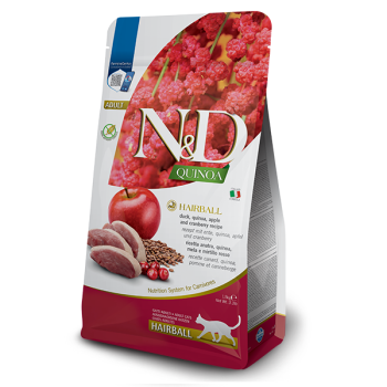 Сухой беззерновой корм Farmina N&D Quinoa Hairball ADULT для стимулирования изгнания волосяных комочков c уткой, киноа, яблоко и клюква, 1,5 кг