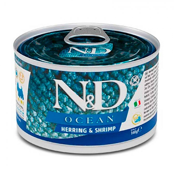 Беззерновой влажный корм Farmina N&D Ocean Herring & Shrimp Adult Mini для взрослых собак мелких пород, с сельдью, треской, тунцом и креветкой, 140 г