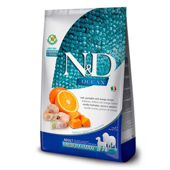 Беззерновой сухой корм Farmina N&D Ocean Cod, Pumpkin & Orange Adult Medium & Maxi для собак средних и крупных пород, с треской и апельсином, 2,5 кг