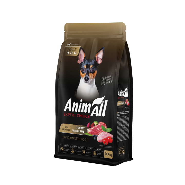 Сухой корм AnimAll для взрослых собак малых пород со свежей индейкой и ягненком, 0,7 кг
