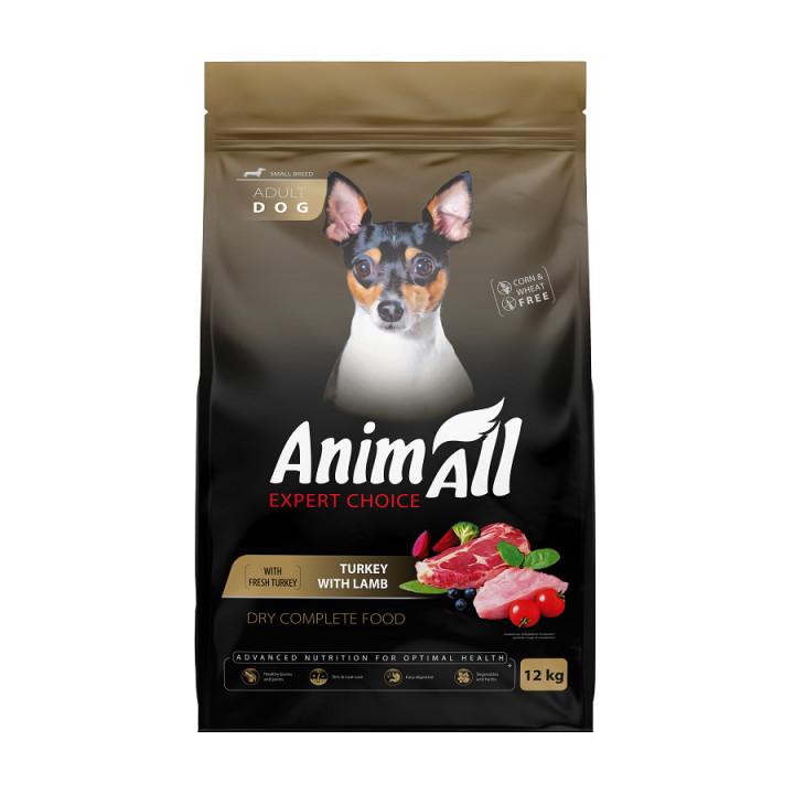 Сухой корм AnimAll для взрослых собак малых пород со свежей индейкой и ягненком, 12 кг