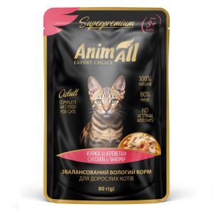 Влажный корм AnimAll с курицей и креветками для кошек, пауч, 80г
