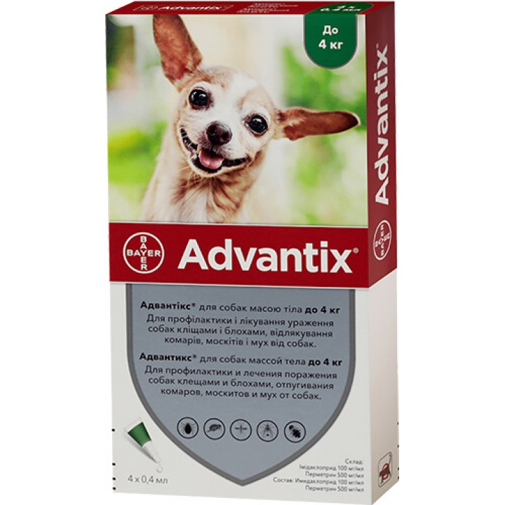 Капли от блох и клещей Bayer Advantix для собак весом до 4 кг, 1 пипетка