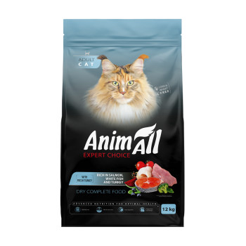 Сухой корм AnimAll для кошек с лососем, белой рыбой и свежей индейкой, 12 кг