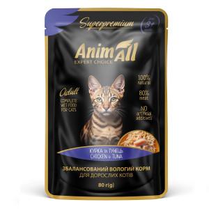 Влажный корм AnimAll Тунец с курицей для кошек, пауч, 80г