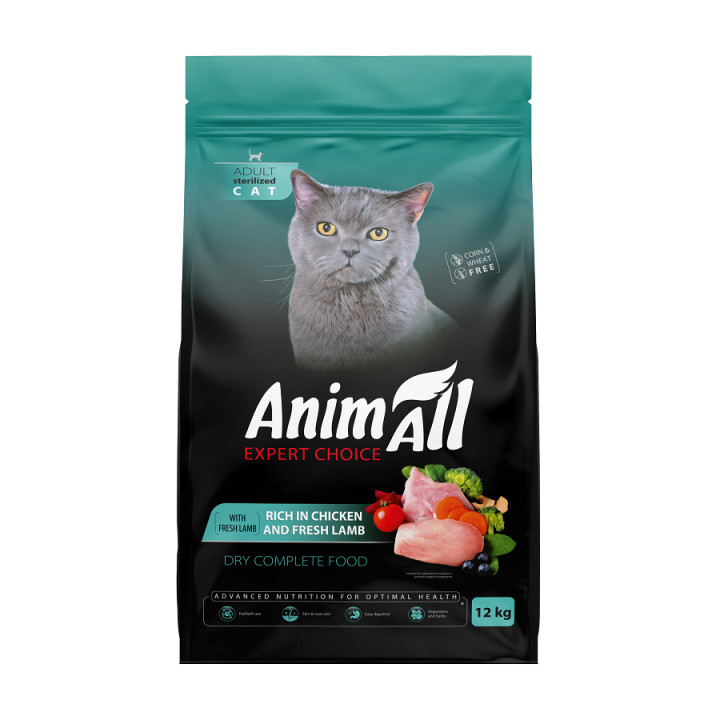 Сухий корм AnimAll для стерилізованих кішок з куркою та свіжою ягнятиною, 12 кг